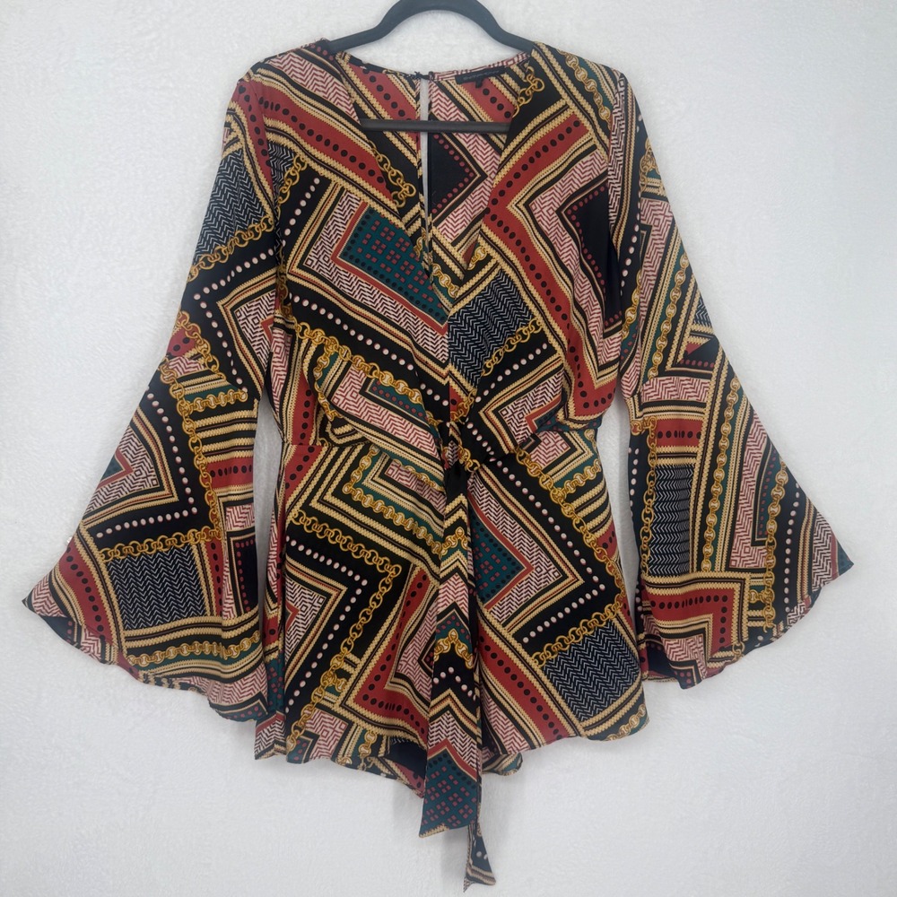 Symphony Romper Womens Large Multi Scarf Print Bell‎ Sleeve Open Back *Pull NWOT